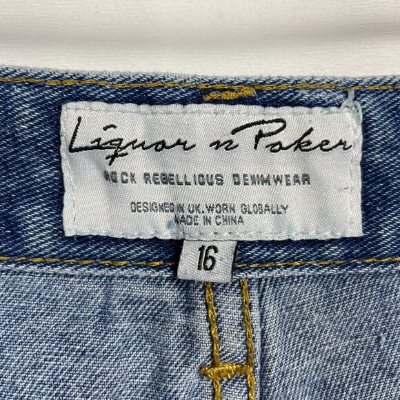 Liquor n Poker Cut-Off Frayed Jean Shorts Size 16 Blue Denim Festival Boho Beach - Picture 2 of 14